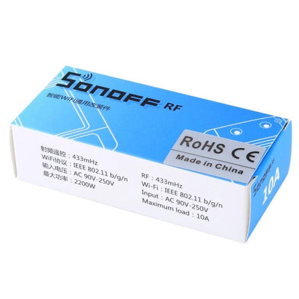 Sonoff 433MHz Wireless Remote Control Switch for Smart Homes boxed unit showing Sonoff RF packaging and specifications
