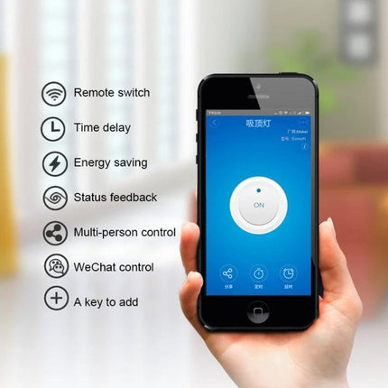 Sonoff 433MHz Wireless Remote Control Switch for Smart Homes showing smartphone app control, remote switch, timer, energy saving and WeChat integration
