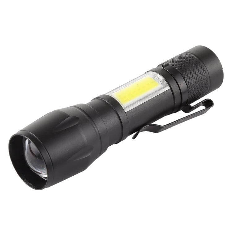 Rechargeable Waterproof Zoomable XPE + COB Flashlight with 3 Lighting Modes, Clip, and Storage Case