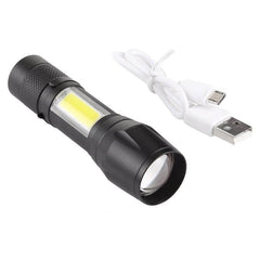 Rechargeable Waterproof Zoomable XPE + COB Flashlight with 3 Lighting Modes, Clip, and Storage Case