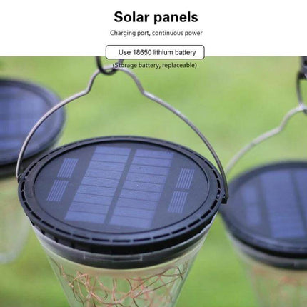 Solar Conical Starlight Pendant Lamp IP55 Outdoor Garden solar panel top view hanging garden pathway light, 18650 battery, no-wiring, easy install