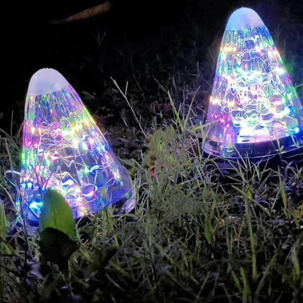 Solar Conical Starlight Pendant Lamp IP55 Outdoor Garden glowing multicolor solar pendant lights in grass, easy-install waterproof pathway lighting