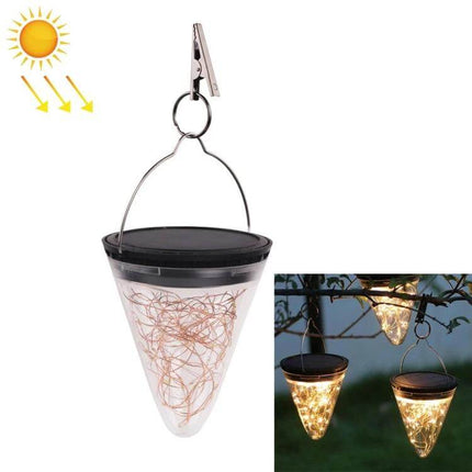 Solar Conical Starlight Pendant Lamp IP55 Outdoor Garden hanging solar cone light with warm fairy LEDs, clip and handle, no-wiring outdoor pendant
