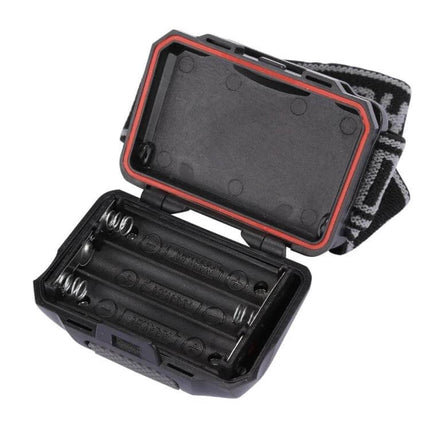 Outdoor Mini Light Headlamp For Running, Fishing, Climbing showing open battery compartment for 3 AAA batteries and adjustable head strap