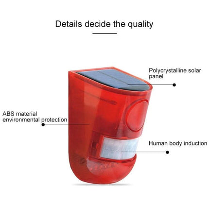 Solar Powered Sound Light Alarm Outdoor Waterproof System red PIR sensor unit with polysilicon solar panel, ABS housing and motion detection, visible LEDs and 110dB siren