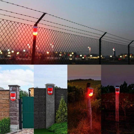 Solar Powered Sound Light Alarm Outdoor Waterproof System mounted on fences and gate posts showing red flashing LEDs for perimeter security