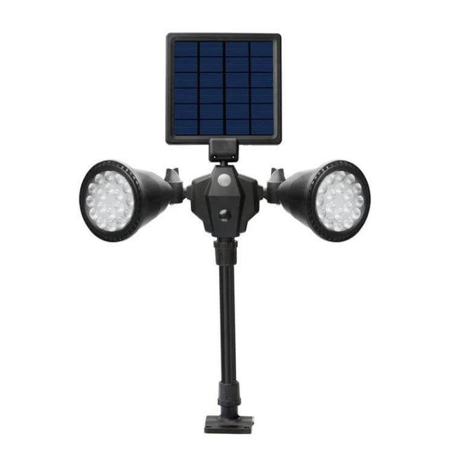 Robot Solar LED Spotlight Double-Headed With Motion Sensor - dual outdoor LED heads, solar panel, motion sensor for garden, driveway, fence lighting