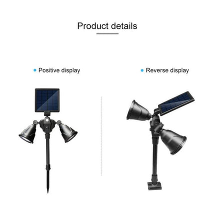 Robot Solar LED Spotlight Double-Headed With Motion Sensor mounted stake and adjustable dual heads with solar panel for garden and entryway lighting
