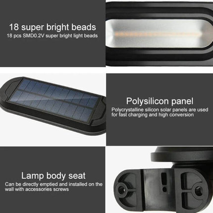 Solar Garden Lamp With Motion Sensor Waterproof Outdoor showing polysilicon solar panel, 18 LEDs, and wall-mount lamp body