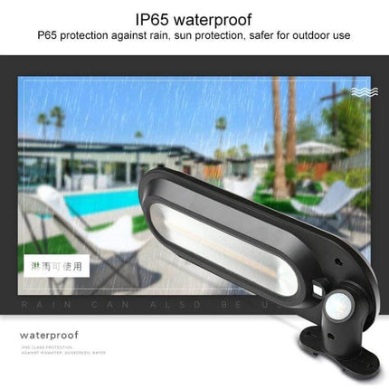 Solar Garden Lamp With Motion Sensor Waterproof Outdoor mounted by poolside showing IP65 waterproof protection and motion sensor