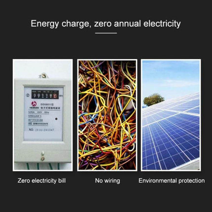 Solar Garden Lamp With Motion Sensor Waterproof Outdoor showing solar panels, no wiring, zero electricity bill and environmental protection