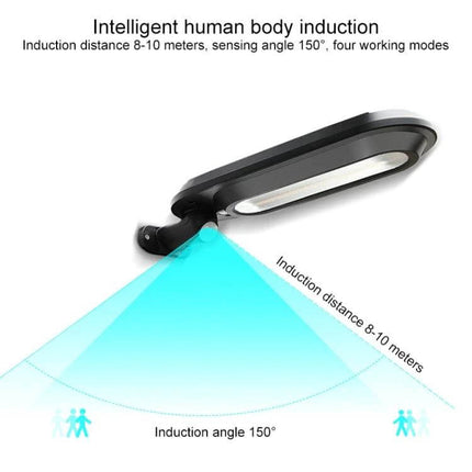 Solar Garden Lamp With Motion Sensor Waterproof Outdoor wall-mounted black LED light showing 150° motion detection and 8–10m induction range
