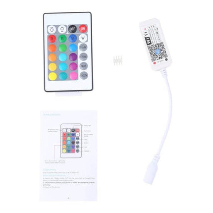 Smart WiFi LED RGB Controller With IR Remote For LED Strips compact unit, IR remote, and instruction manual shown on white background