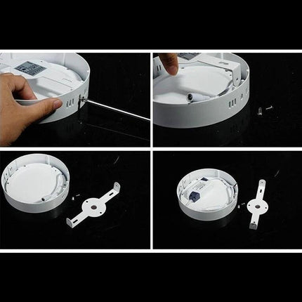 Energy-Efficient LED Panel Lights For Everyday Home Lighting showing hands installing round LED panel back housing and bracket