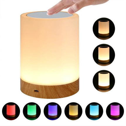 Atmospheric Wood Grain Night Light for Cozy Home Evenings on bedside table with warm wood-grain base and touch top for adjustable ambient glow