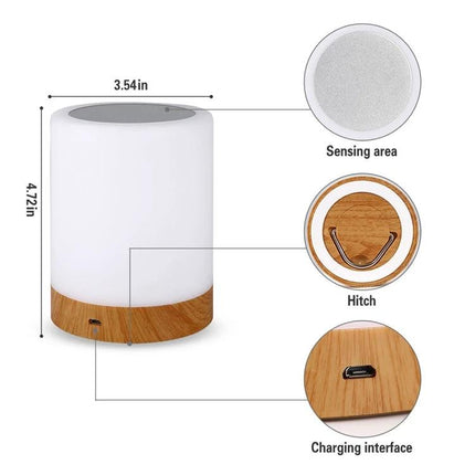 Atmospheric Wood Grain Night Light for Cozy Home Evenings showing wood-grain base, sensing area, hitch and charging interface (3.54in x 4.72in)