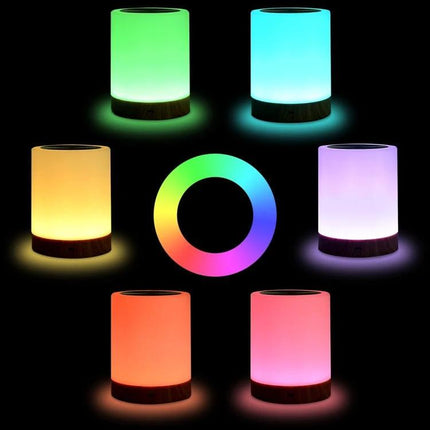 Atmospheric Wood Grain Night Light for Cozy Home Evenings showing seven color-changing warm LED wood-grain bedside lamps in a circle