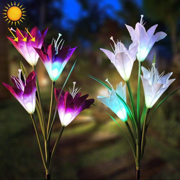 2 lámparas LED decorativas para césped con forma de flor de lirio, 4 cabezales, alimentadas por energía solar, para exteriores, IP55, a prueba de agua