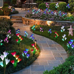 2 lámparas LED decorativas para césped con forma de flor de lirio, 4 cabezales, alimentadas por energía solar, para exteriores, IP55, a prueba de agua