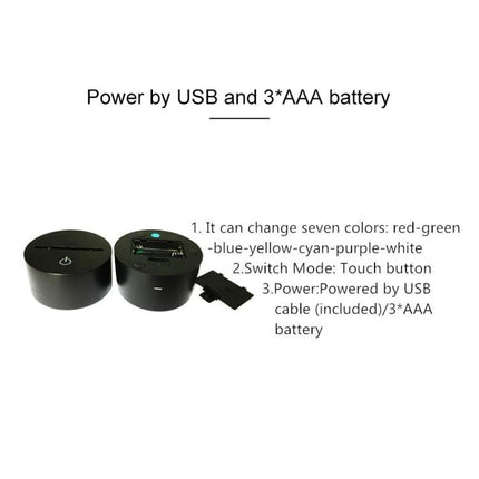 Decorative 3D LED Ice Skating Night Light for Home Settings base showing USB and 3xAAA battery power options and touch color switch
