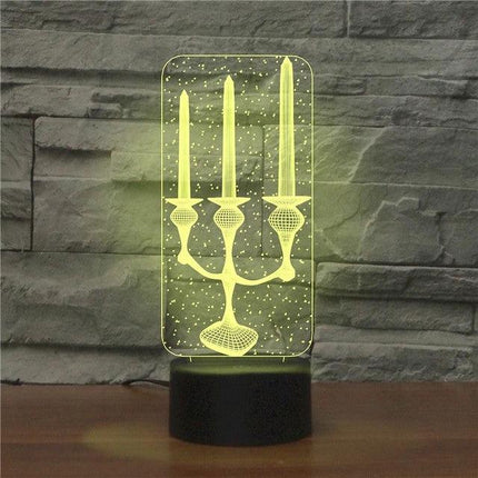 A Creative 3D LED Night Light for Home Decoration and Relaxation — yellow candelabra design on bedside table providing soft ambient glow