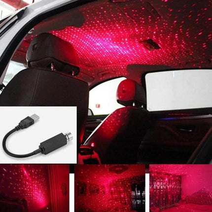 USB Atmosphere Light 360 Degree Rotating For Car And Home projecting red starfield ceiling lighting in a car interior, USB-powered compact ambient light