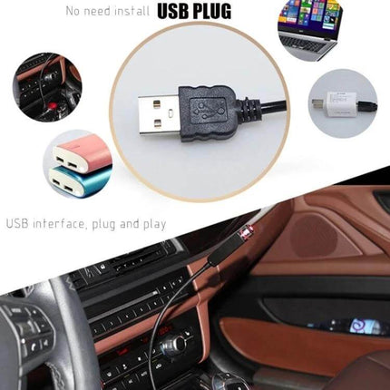 USB Atmosphere Light 360 Degree Rotating For Car And Home shown plugged into car USB port and laptop USB, compact ambient light for dashboards and shelves