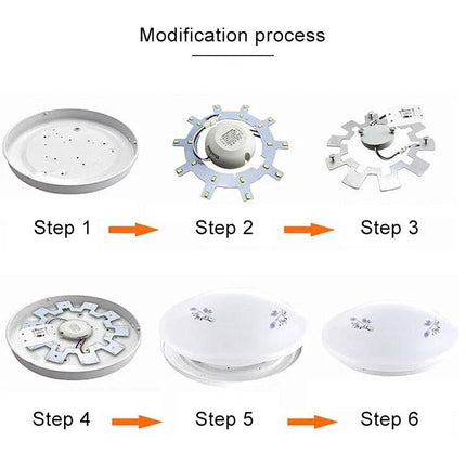 WiFi Smart Switch for Voice-Activated Home Control with Alexa - step-by-step LED ceiling light modification process, showing parts and assembly (6 steps)