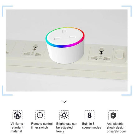 RGB WiFi Smart Socket with Adjustable Scene Lighting and UK Plug - compact white smart plug with RGB ring on power strip, app-controlled lighting and timer