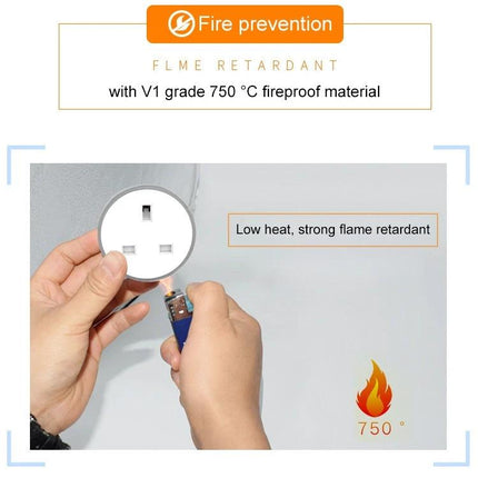 RGB WiFi Smart Socket with Adjustable Scene Lighting and UK Plug shown flame-retardant material test with lighter demonstrating low heat resistance