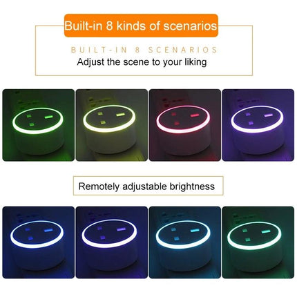 RGB WiFi Smart Socket with Adjustable Scene Lighting and UK Plug showing 8 color scenes and remotely adjustable brightness on UK plug unit
