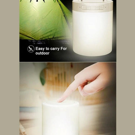 Versatile Speaker for Everyday Music and Travel Moments white portable lantern-style speaker with handle, touch dimmer for travel and outdoor use