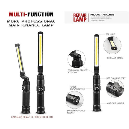 USB Rechargeable Folding Handheld Work Light Size 13.5x3.8cm showing folding COB lamp, adjustable head, tail magnet and USB charging port
