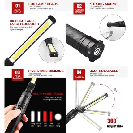 USB Rechargeable Folding Handheld Work Light Size 13.5x3.8cm showing COB lamp, strong magnet, five-stage dimming and 360° rotatable adjustable head