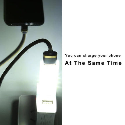 Compact Stackable USB Light for Daily Desk and Travel Use - bright USB bedside lamp charging phone while plugged into wall outlet