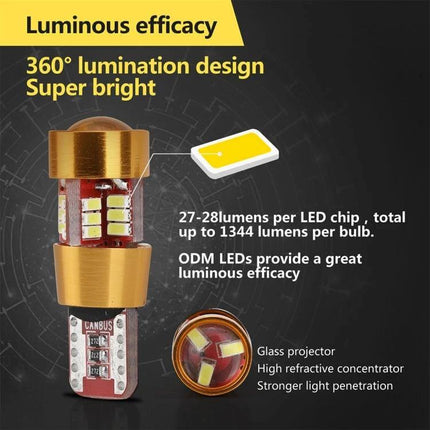 Car Dome Map Side Marker Lights LED For Doors And License Plates - T10 360° luminous efficacy bulb showing LED chips, glass projector and 1344 lumens per bulb