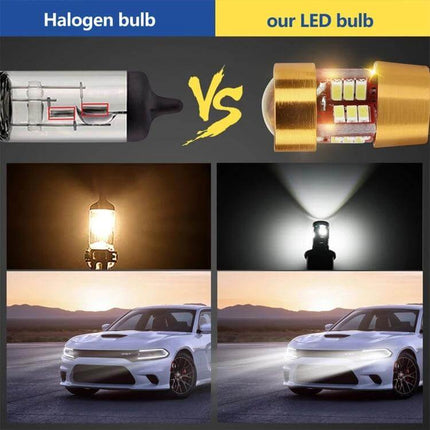 Car Dome Map Side Marker Lights LED For Doors And License Plates - comparison image showing halogen vs LED brightness and beam spread