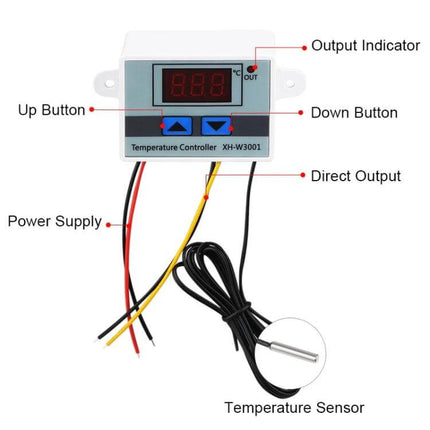 LEDSMITH Digital Temperature Controller For Heating And Cooling XH-W3001 panel with LED display, up/down buttons, direct output, power leads and sensor probe