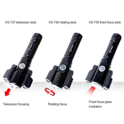 LED Flashlight for Outdoor Tasks with USB Charging showing three models: telescopic, rotating and fixed-focus sidelights