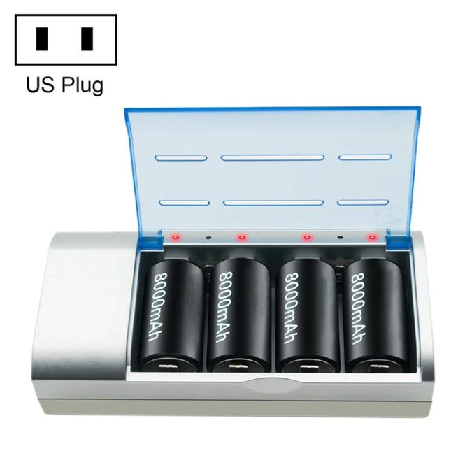 4-Slot Battery Charger for AA, AAA, C, D and 9V Batteries - silver charger with four 8000mAh AA batteries and translucent blue lid, US plug compatible
