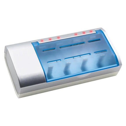 4-Slot Battery Charger for AA, AAA, C, and D Size Batteries with EU Plug white and blue charger showing four independent slots and LED indicators