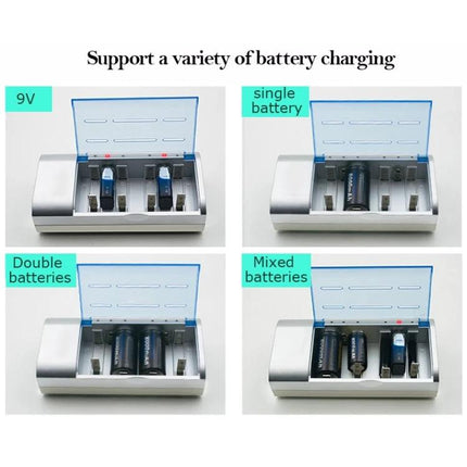 4-Slot Battery Charger for AA, AAA, C, and D Size Batteries with EU Plug showing AA, AAA, C, D and 9V in independent slots for mixed charging