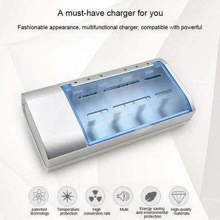 4-Slot Battery Charger for AA, AAA, C, and D Size Batteries with EU Plug - sleek silver 4-slot charger with clear blue cover for home and travel use