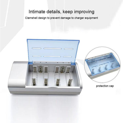4-Slot Battery Charger for AA, AAA, C, and D Size Batteries with EU Plug showing open clamshell, four independent slots and protection cap