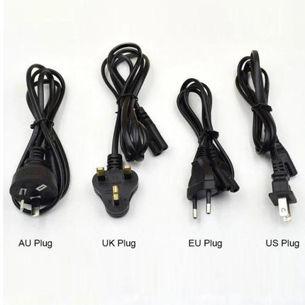 4-Slot Battery Charger for AA, AAA, C, and D Size Batteries with EU Plug showing four detachable power cords (AU, UK, EU, US) for travel compatibility
