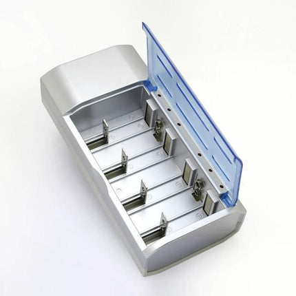 4-Slot Battery Charger for AA, AAA, C, D and 9V Batteries with four independent charging slots and translucent blue lid