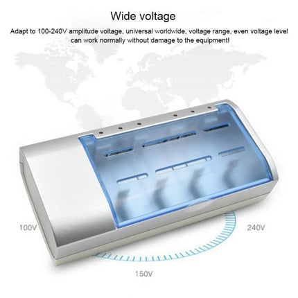 4-Slot Battery Charger for AA, AAA, C, D and 9V Batteries - wide voltage universal charger with four independent slots for AA AAA C D 9V