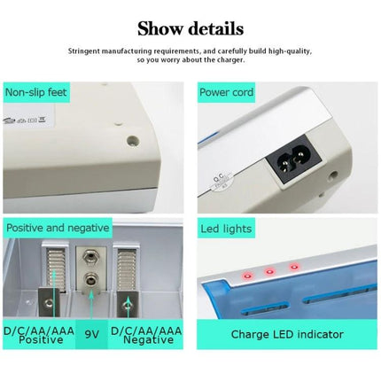 4-Slot Battery Charger for AA, AAA, C, D and 9V Batteries showing independent slots, LED indicators, power cord and polarity markings