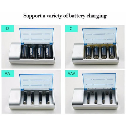 4-Slot Battery Charger for AA, AAA, C, D and 9V Batteries showing four independent slots charging D, C, AA and AAA cells simultaneously