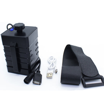 Battery Case for Travel and Outdoor Power Needs shown with USB cable, 12.6V output and adjustable strap for camping and hiking